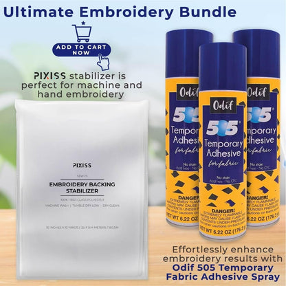 Odif 505 Fabric Adhesive Spray (7.2oz 3pk) with Embroidery Stabilizer (55gsm 10yds x 10in) - Fabric Stabilizer 505 Spray with Hand Embroidery Compatible Cut Away Stabilizer for Machine Embroidery