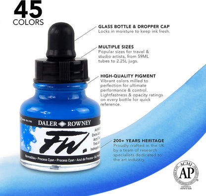 Daler-Rowney FW Acrylic Ink Bottle Flame Orange - Versatile Acrylic Drawing Ink for Artists and Students - Permanent Calligraphy Ink - Archival Ink for Illustrating and More