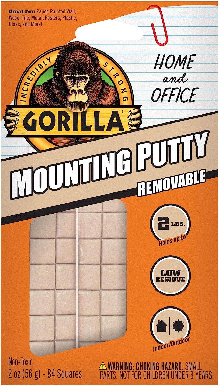 Gorilla Mounting Putty, Non-Toxic Hanging Adhesive, Removeable & Repositionable, 84 Pre-Cut Squares, 2oz/56g, Natural Tan Color, (Pack of 1)