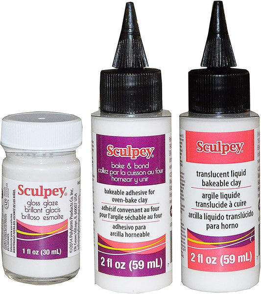 Sculpey Artist Set: 1 Fl Oz Gloss Glaze, 2 Fl Oz Bake and Bond Bakeable Adhesive for Oven-Bake Clay, 2 Fl Oz Translucent Liquid Bakeable Clay - Pack of 3