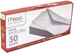 Mead #10 Envelopes, Gummed Closure, All-Purpose 20-Ib Paper, 4-1/8" x 9-1/2", Plain White, 50/Box (75050)