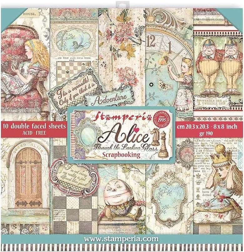 Stamperia International Alice Through The Looking Glass - 8 x 8 Decorative Paper Pad, Backgrounds & Cards - 3 Items