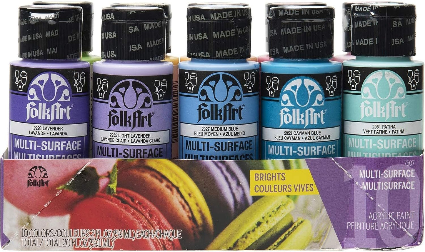 FolkArt Color, 10 Bottle Multi-Surface Acrylic Paint Set, 2oz, Brights