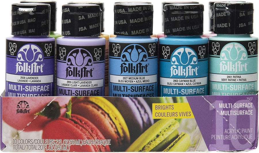 FolkArt Color, 10 Bottle Multi-Surface Acrylic Paint Set, 2oz, Brights