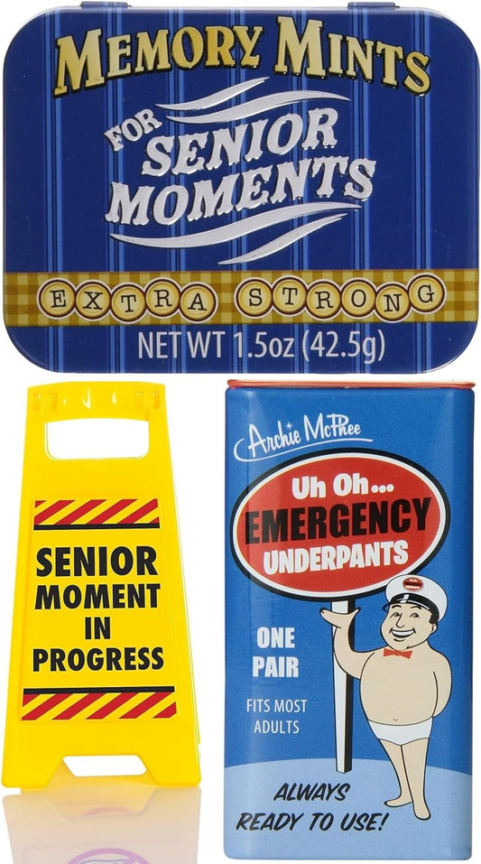 Memory Mints and Senior Moments Sign with Emergency Underpants - Office Cubicle Accessories and Desktop Decorations - Gag Gifts for Seniors and Coworkers - Celebrate Your Age with Hilarious Novelties