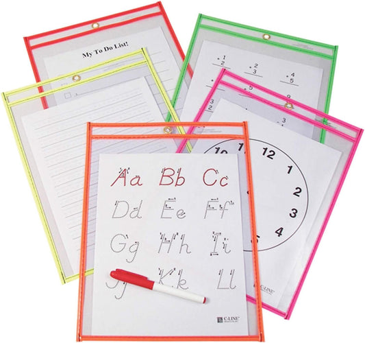 C-Line Reusable Dry Erase Pockets, 9 x 12 Inches, Assorted Neon Colors, 10 Pockets per Pack (40810)