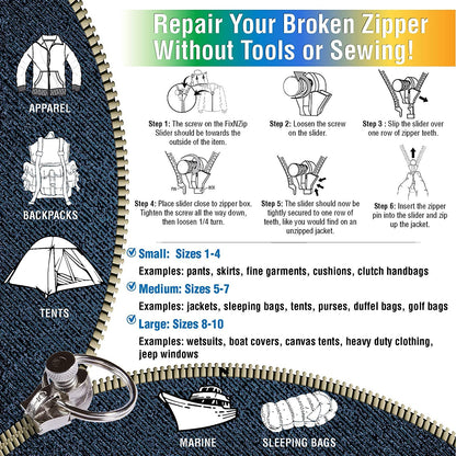 FixnZip 3 Pack Instant Zipper Replacement, Combo Pack (S,M,L), Black Nickel