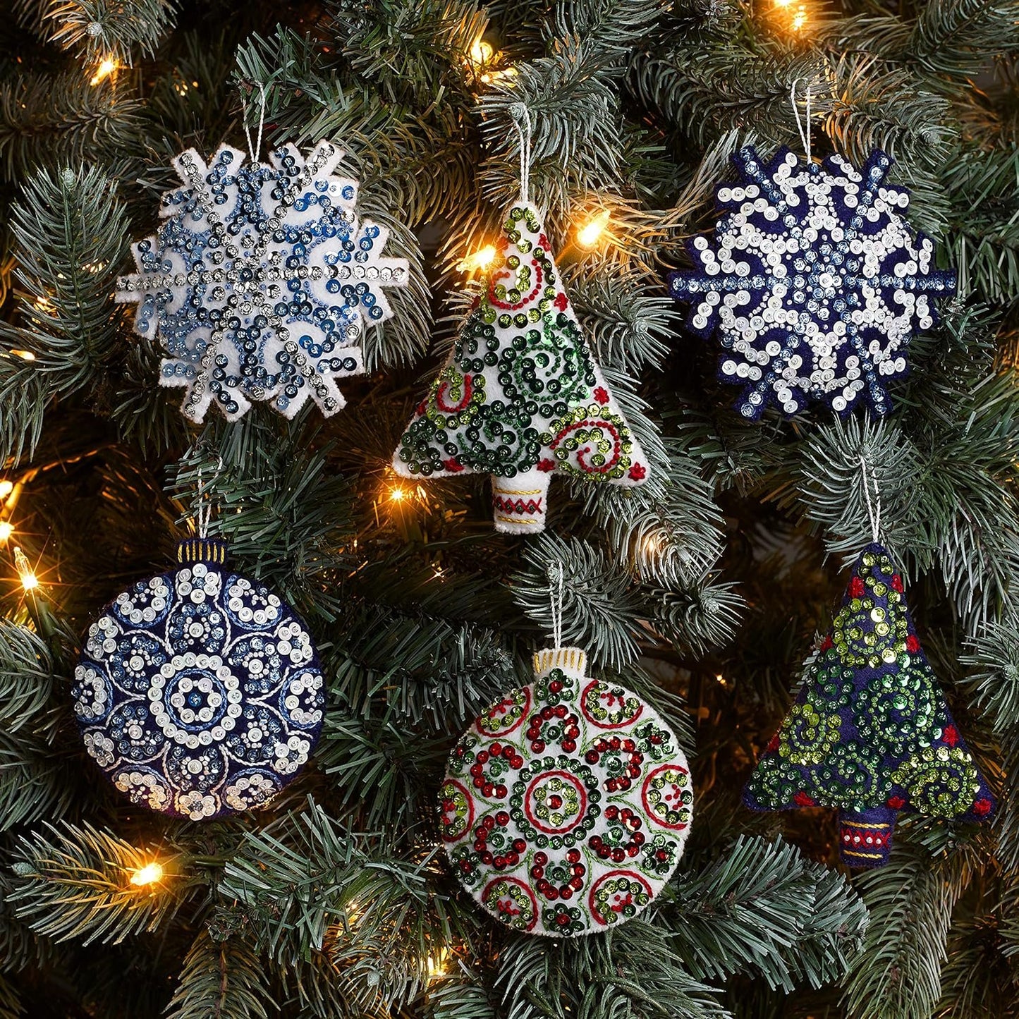 Bucilla Felt Applique 6 Piece Ornament Making Kit, Mandala Christmas, Perfect for DIY Arts and Crafts, 89499E