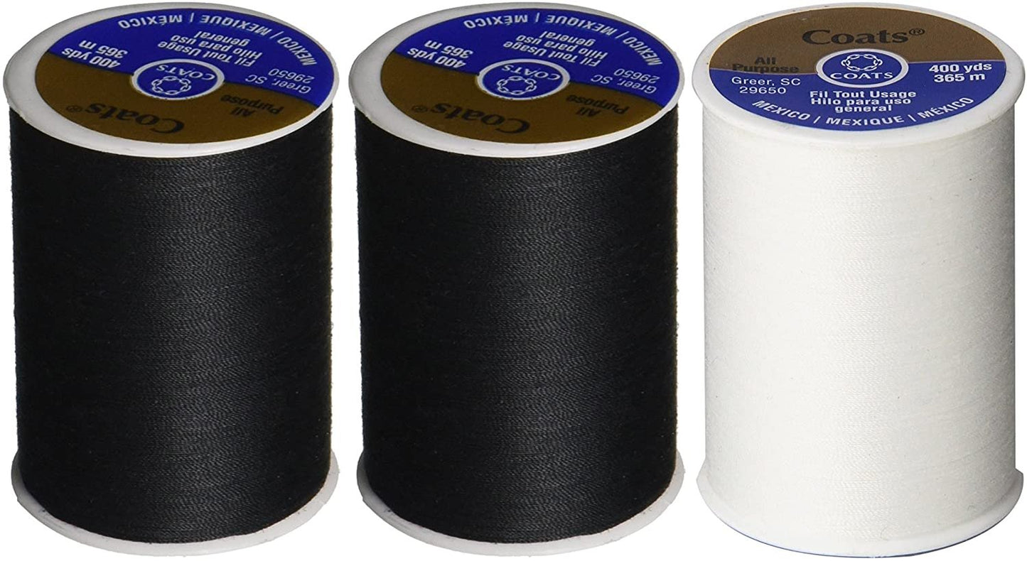 3-Pack -2 BLACK & 1 WHITE - Coats & Clark Dual Duty All-Purpose Thread - 2 Black plus 1 White Spools, 400 Yard Spool each.