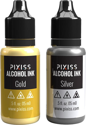 Pixiss Metallic Alcohol Ink Set - Silver and Gold Metallic Alcohol Ink Mixatives, 5oz Metallic Alcohol Pigment Resin Dye, Alcohol Inks for Epoxy Resin, Metallic Mixative for Yupo and Tumbler Cups