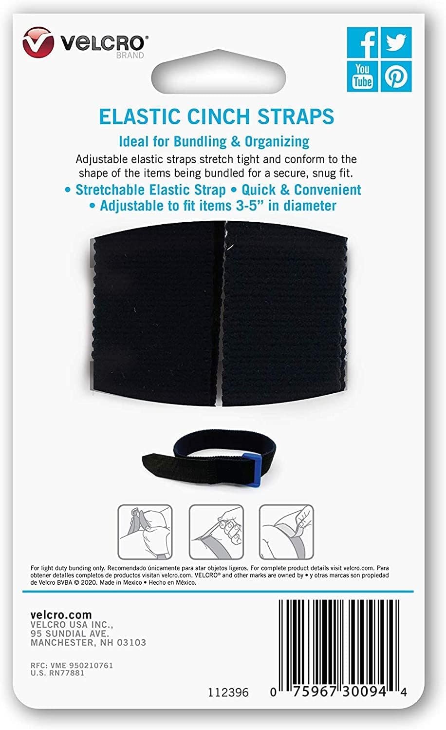 VELCRO Brand Elastic Cinch Straps with Buckle | 15in x 1in, 2 Count | Adjustable and Stretch for Snug Fit | for Fastening Power Cords Organizing Camping Equipment, More | Black (VEL-30094-USA)