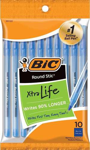 BIC Round Stic Xtra Life Blue Ballpoint Pens, Medium Point (1.0mm), 10-Count Pack of Bulk Pens, Flexible Round Barrel for Writing Comfort, No. 1 Selling Ballpoint Pens