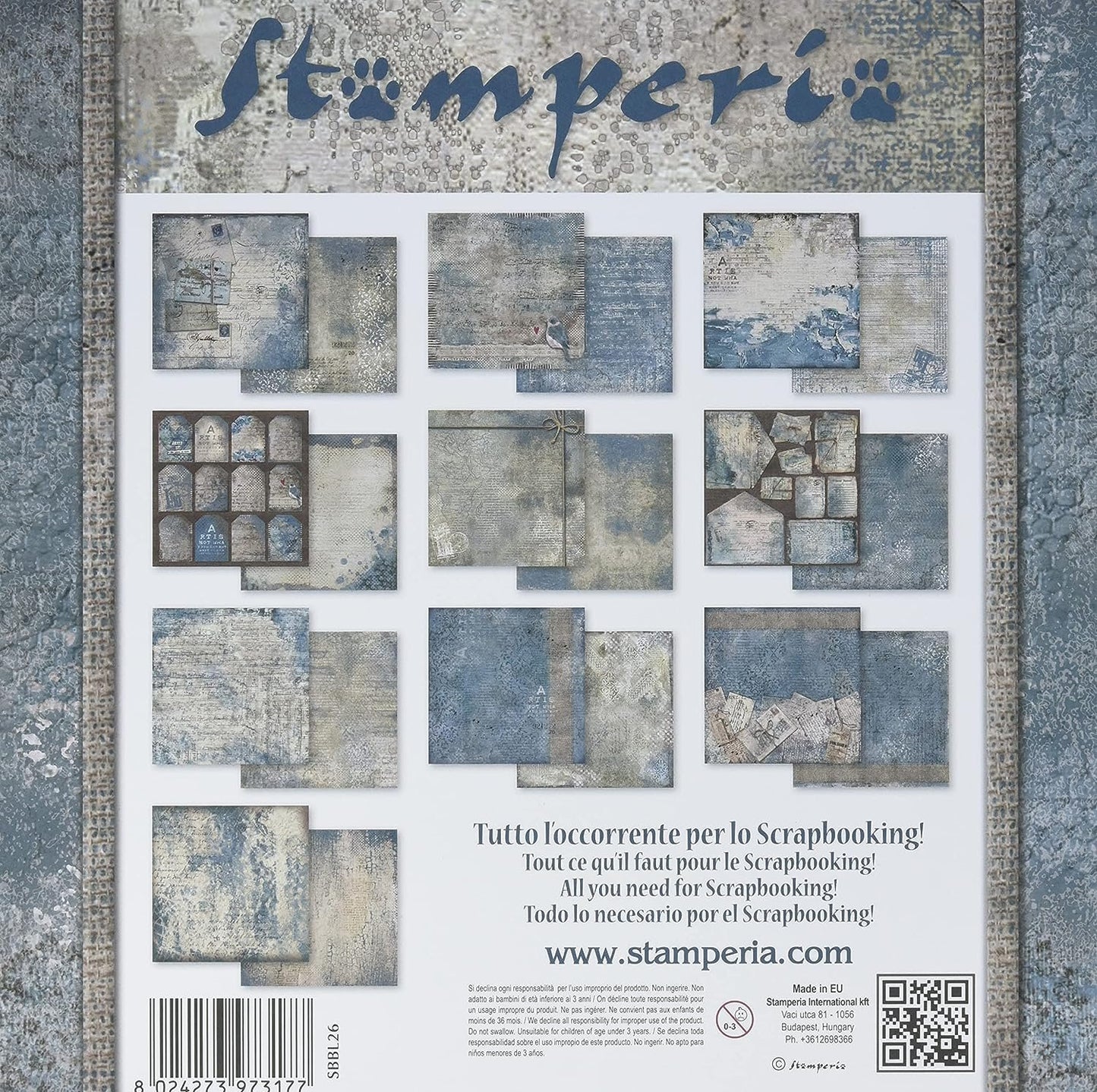 Stamperia Pack 10 Sheets Double face-Blues, 30.5x30.5cm, Multicolored