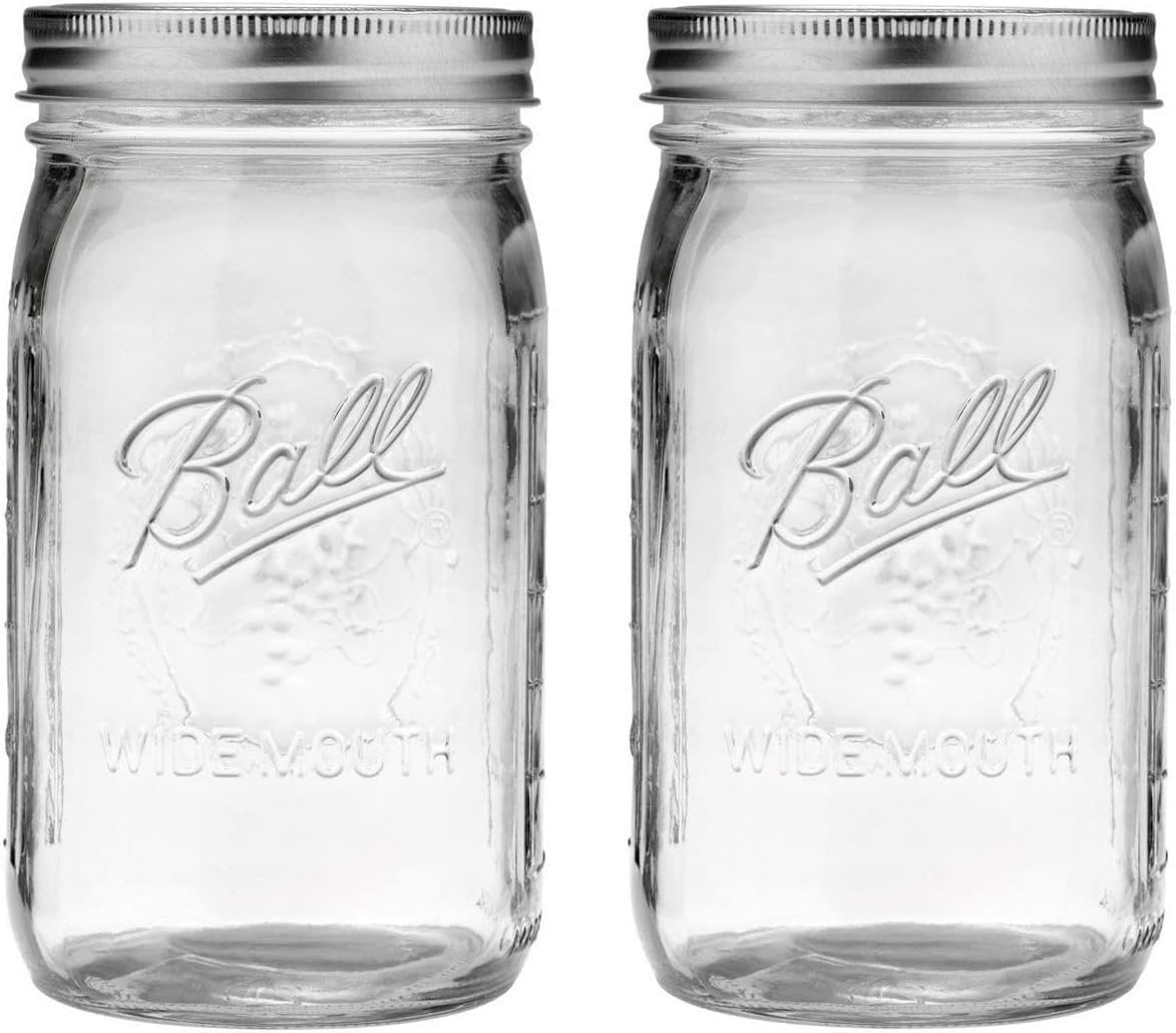 2 Mason Jar Wide Mouth 32 oz. (Quart) with Lid and Band - Clear