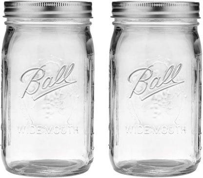 2 Mason Jar Wide Mouth 32 oz. (Quart) with Lid and Band - Clear