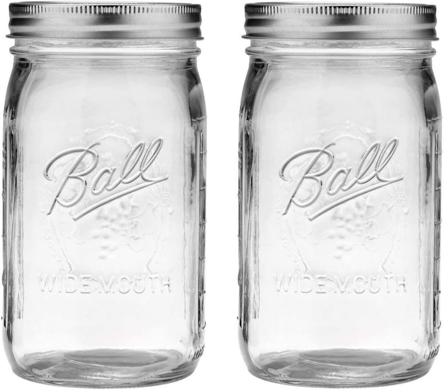 2 Mason Jar Wide Mouth 32 oz. (Quart) with Lid and Band - Clear