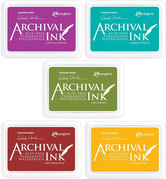 Ranger - Wendy Vecchi Archival Ink Pads - 5 Item Bundle - Cactus Flower, Garden Patina, Sunflower, Leaf Green, Red Geranium