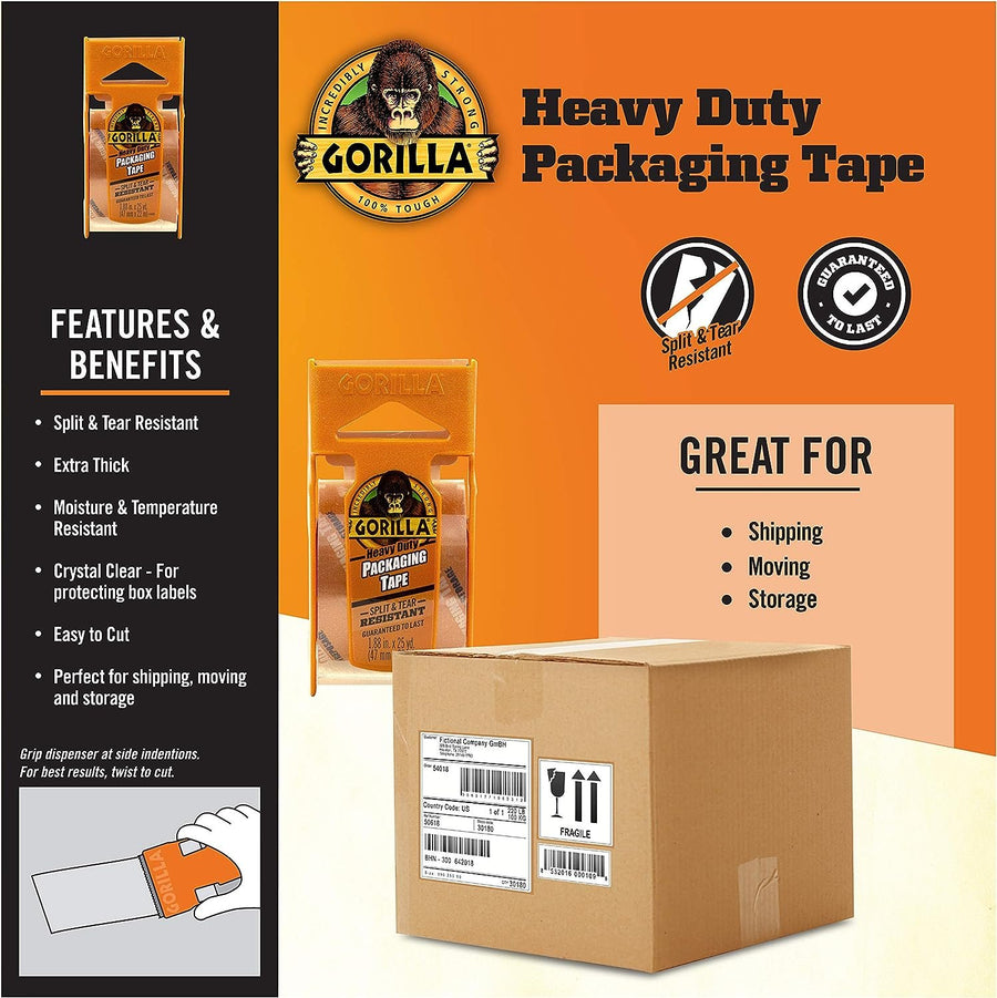 Gorilla Heavy Duty Packing Tape with Dispenser for Moving, Shipping and Storage, 1.88" x 25 yd, Clear, (Pack of 1)