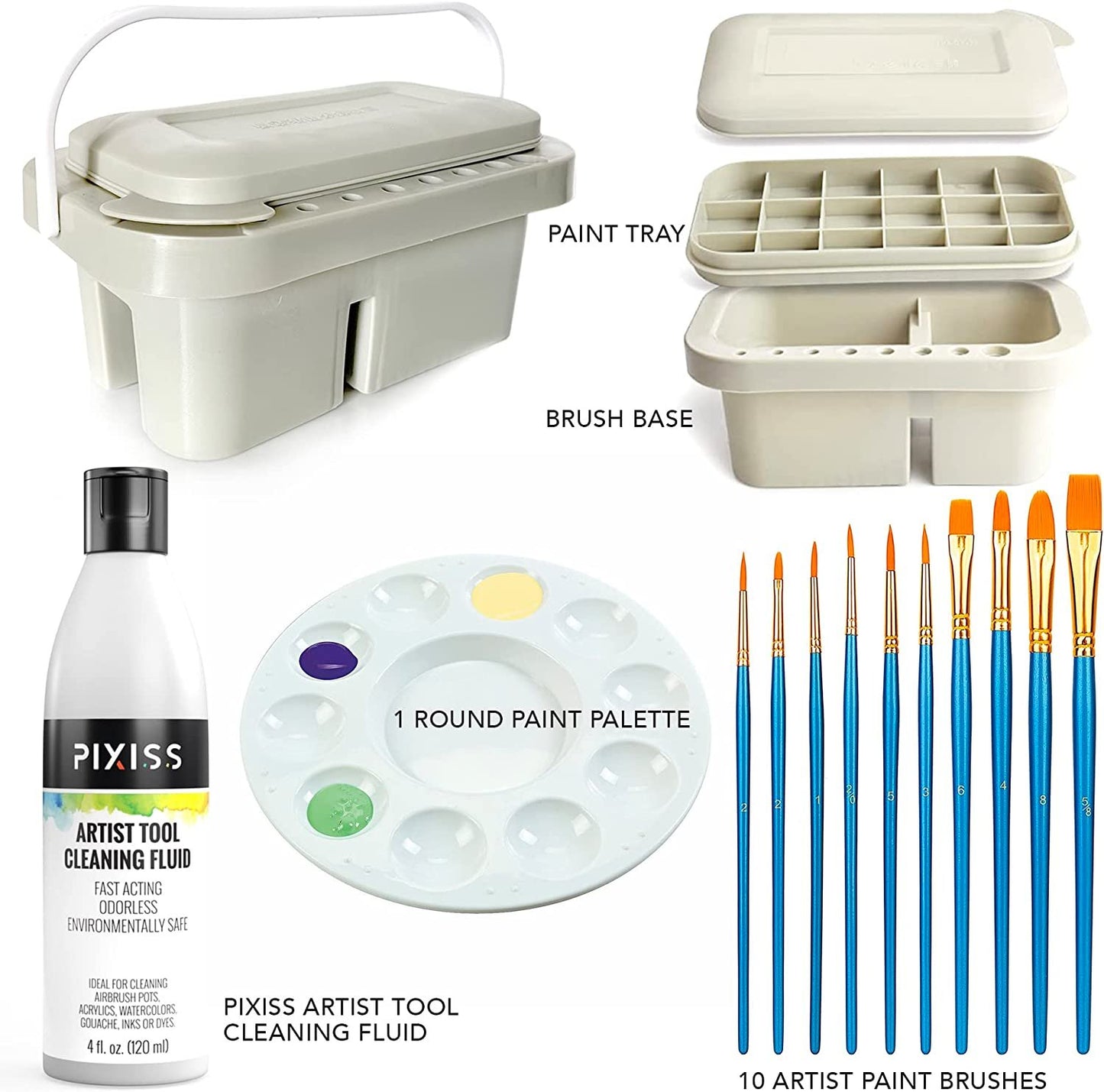 Pixiss Paint Brush Cleaner Basin - Brush Basin, Paint Brush Rinser, Paint Brush Holder, Paint Organizer for Acrylic Painting with Palettes, 4 Ounce Brush Cleaner Solution, and 10 Paint Brushes