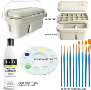 Pixiss Paint Brush Cleaner Basin - Brush Basin, Paint Brush Rinser, Paint Brush Holder, Paint Organizer for Acrylic Painting with Palettes, 4 Ounce Brush Cleaner Solution, and 10 Paint Brushes