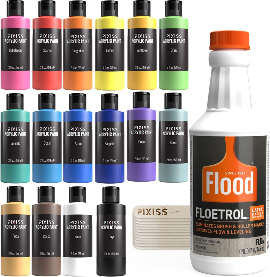 Floetrol For Acrylic Paint Pouring Kit, Flotrol Acrylic Pour Medium Additive, 16 Acrylic Pouring Paints, 20 Pixiss Wood Mixing Sticks