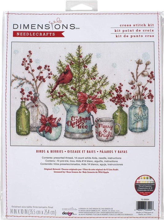 Dimensions 70-08994 Birds and Berries Embroidery Christmas Cross Stitch Kit, 14" x 10", 14 Count White Aida, Various
