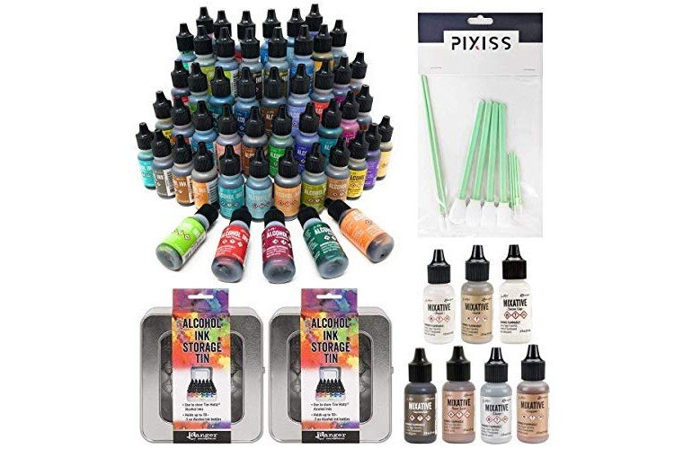 Ultimate Alcohol Ink Bundle, All 60 Ranger Tim Holtz Colors, All 7 Mixatives, 2X Alcohol Ink Storage Tins and 10x Pixiss Alcohol Ink Blending Tools