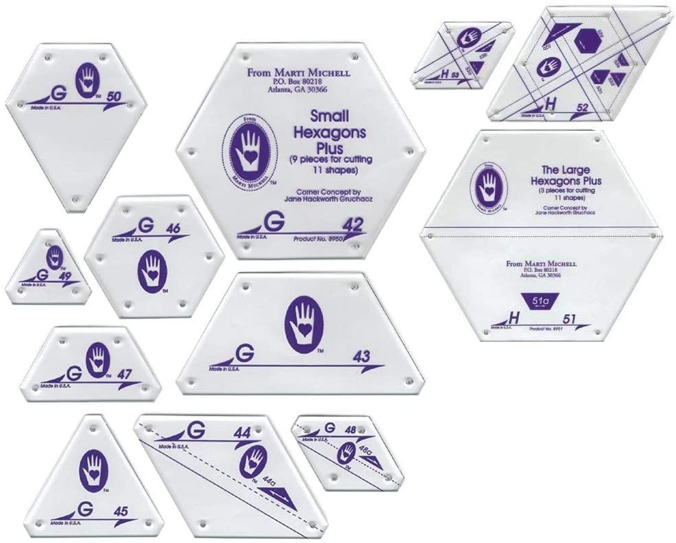 Marti Michell Hexagon Quilting Template Sets - 2 Items: Template Set H, Large Hexagons Plus and Template Set G, Small Hexagons Plus - Part of The Marti Michell Perfect Patchwork System for Quilting