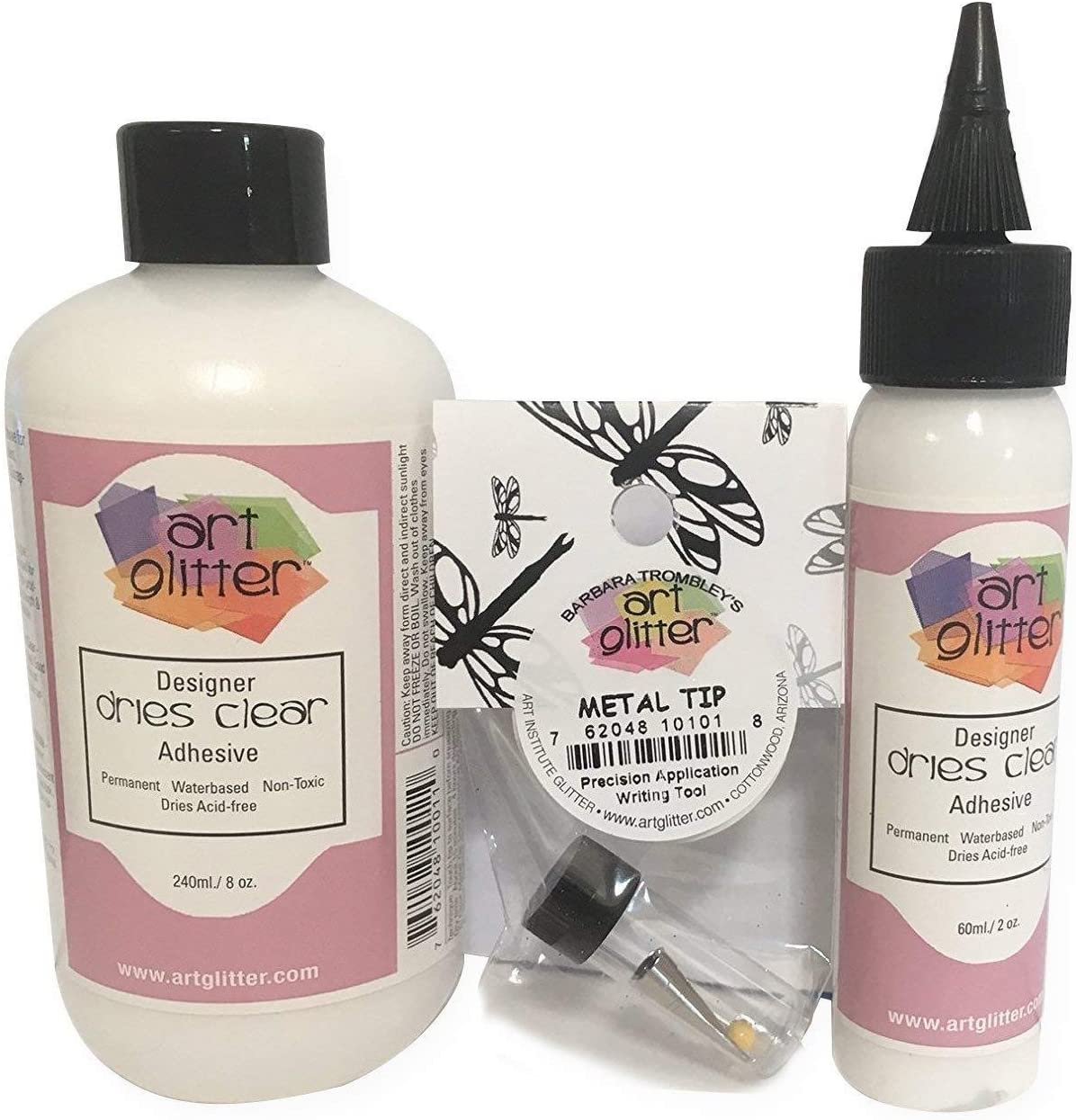 Art Institute Glitter Designer Dries Clear Adhesive Clear Glue Kit Bundle-3 items 8oz,2oz and Metal Tip