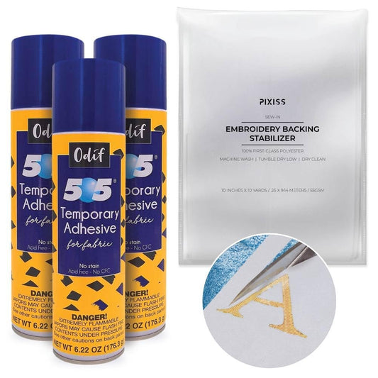 Odif 505 Fabric Adhesive Spray (7.2oz 3pk) with Embroidery Stabilizer (55gsm 10yds x 10in) - Fabric Stabilizer 505 Spray with Hand Embroidery Compatible Cut Away Stabilizer for Machine Embroidery