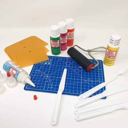 Mod Podge Waterbase Sealer, Glue and Finish Starter Pack with Sparkle, Gloss, Matte, Outdoor and Paper (2-Ounces each), Pixiss Accessory Kit with Brayer, Brushes, Gloves, Spreaders