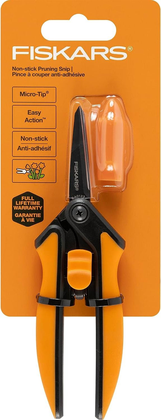 Fiskars Micro-Tip Pruning Snips - 6" Garden Shears with Sharp Precision-Ground Non-Stick Coated Stainless Steel Blade - Gardening Tool Scissors with SoftGrip Handle