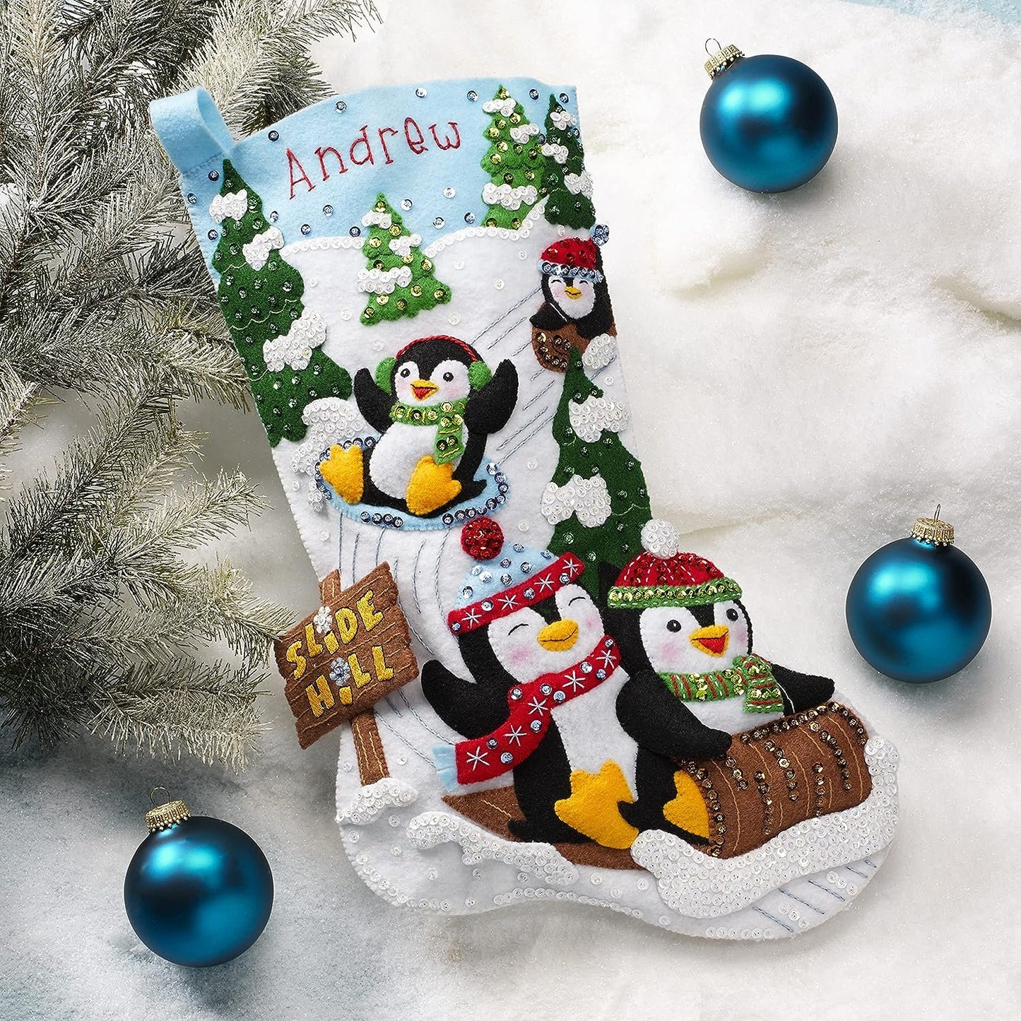 Bucilla Felt Applique Stocking Kit, Penguins at Play 18" Felt Applique Stocking Making Kit, Perfect for DIY Needlepoint Arts and Crafts, 89481E , White