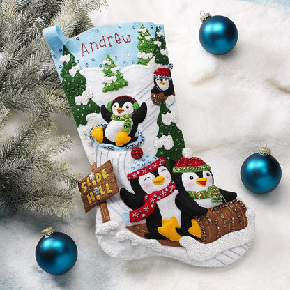 Bucilla Felt Applique Stocking Kit, Penguins at Play 18" Felt Applique Stocking Making Kit, Perfect for DIY Needlepoint Arts and Crafts, 89481E , White