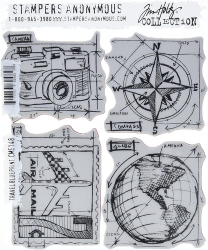 Stampers Anonymous Tim Holtz Cling Rubber Stamp Set, 7 by 8.5-Inch, Travel Blueprint