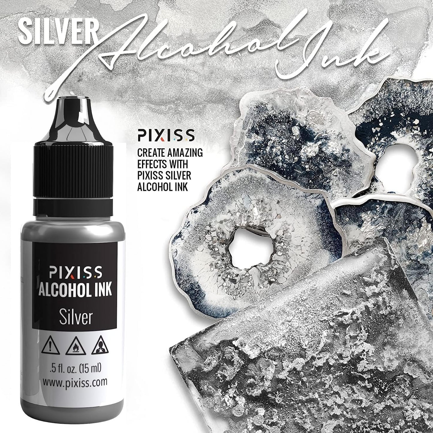 Pixiss Metallic Alcohol Ink Set - Silver and Gold Metallic Alcohol Ink Mixatives, 5oz Metallic Alcohol Pigment Resin Dye, Alcohol Inks for Epoxy Resin, Metallic Mixative for Yupo and Tumbler Cups