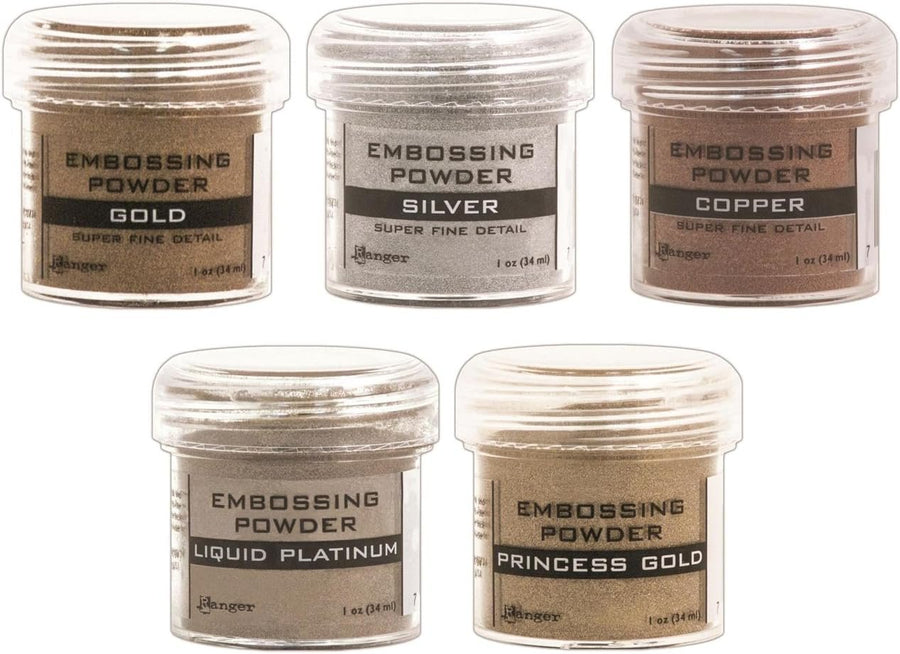 Ranger - Heat Embossing Powder for Cardmaking - Metallic - Gold, Silver, Platinum, Copper & Princess Gold - 5 Item Bundle