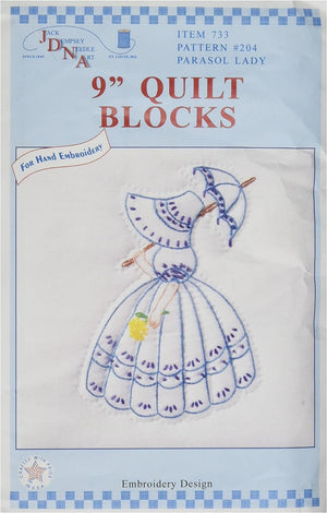 Jack Dempsey Satmped White Quilt Blocks 9"X9" 12/Pkg, Parasol Lady