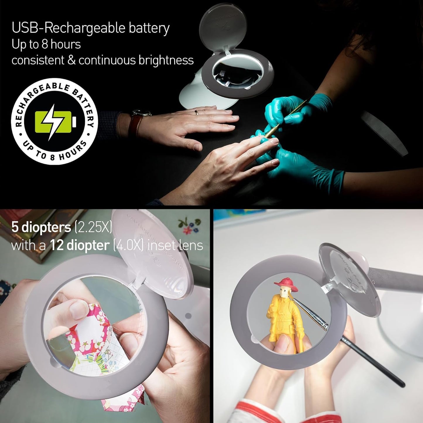 Daylight Company Halo Go Magnifier Lamp, Rechargeable USB, Portable, Lightweight, Desk Lamp Reading, Hobbies, Sewing, Crafts, Nail Salon, Handcrafts and More, Colour Temperature: 6,000 K, White