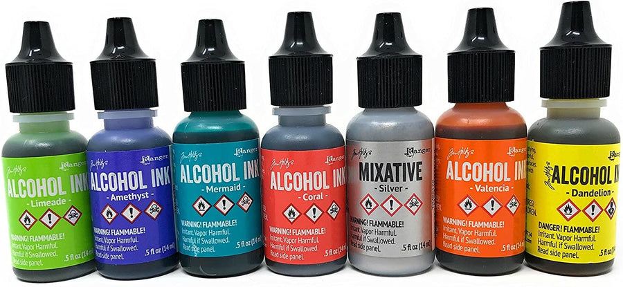 Alcohol Ink Set 7 Bottle Collection of Ranger Tim Holtz Alcohol Inks for Paper, Resin Epoxy Tinting, Petri Dish Making, 15ml/0.5-Ounce Alcohol Based Ink Each, Vibrant Colors and Metallic Mixitives