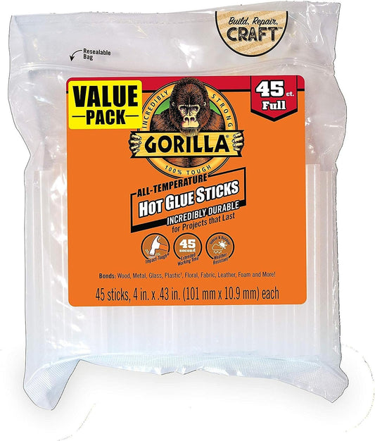 Gorilla Hot Glue Sticks, Full Size, 4" Long x .43" Diameter, 45 Count, Clear, (Pack of 1)