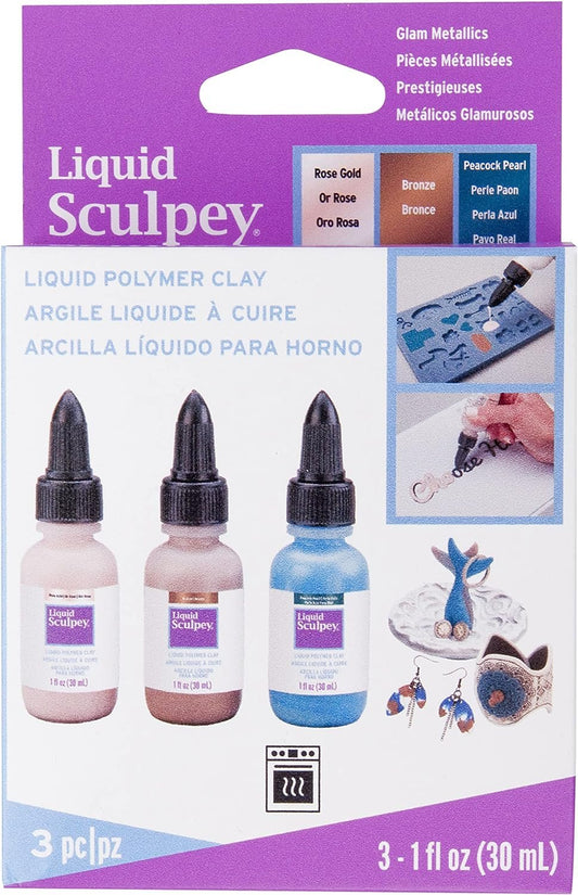 Liquid Sculpey Liquid Polymer Oven-Bake Clay, Glam Metallic Sampler Pack, Three 1 oz. bottles included, Rose Gold, Peacock Pearl and Bronze, Great for jewelry, DIY, mixed media and more!