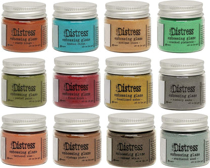 Tim Holtz Ranger Embossing Glazes Bundle of 12 Colors in 1 oz Jars, 2 Distress Embossing Pens, 1 Ounce Distress Embossing Dabber, Bundle of 14 Items