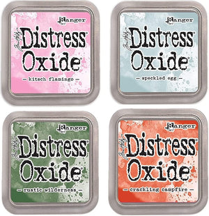 Generic Tim Holtz Distress Oxide Ink, Kitsch Flamingo, Speckled Egg, Rustic Wilderness, Crackling Campfire, 4 Fullsize Inkpads