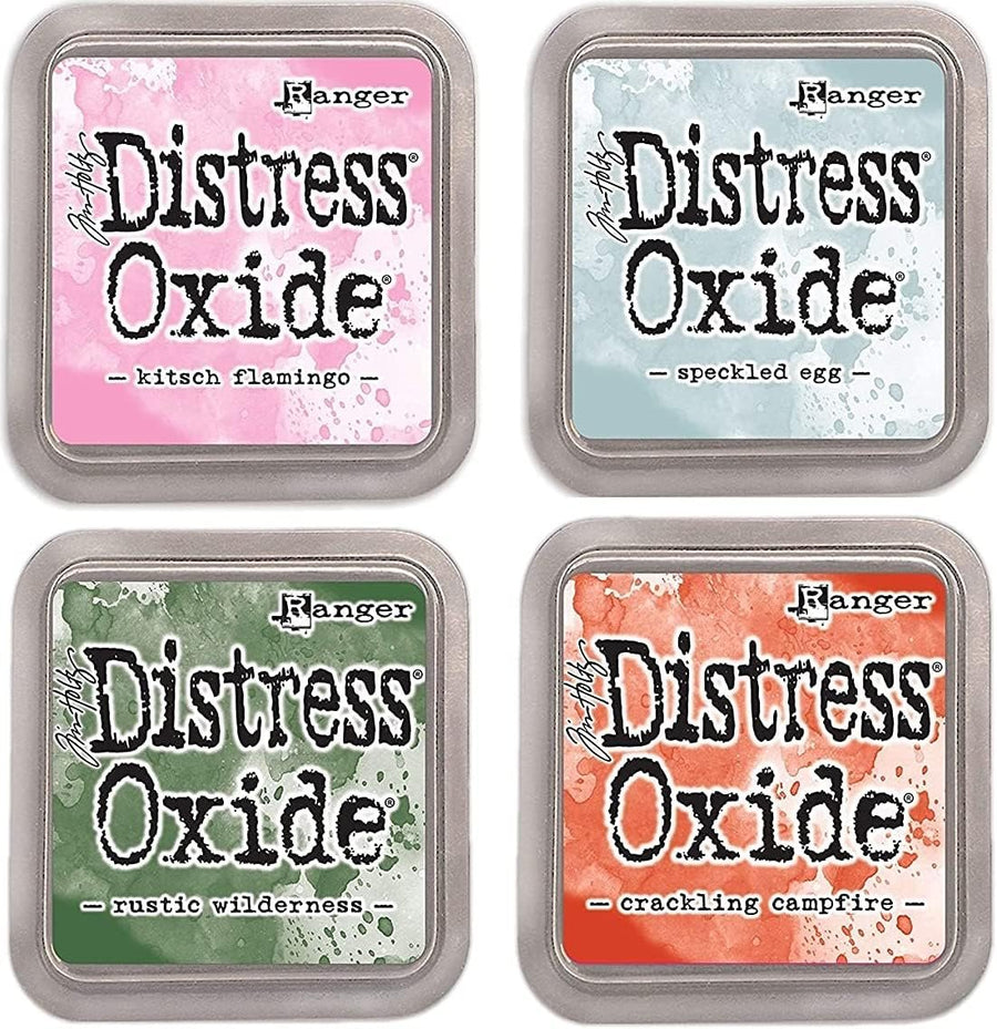 Generic Tim Holtz Distress Oxide Ink, Kitsch Flamingo, Speckled Egg, Rustic Wilderness, Crackling Campfire, 4 Fullsize Inkpads