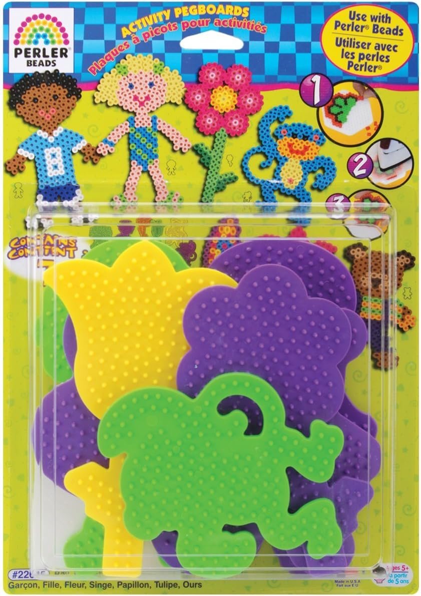 Perler 22645 Fuse Bead Pegboards 7-Pack-Boy/Girl/Bear/Monkey/Butterfly/2 Flowers