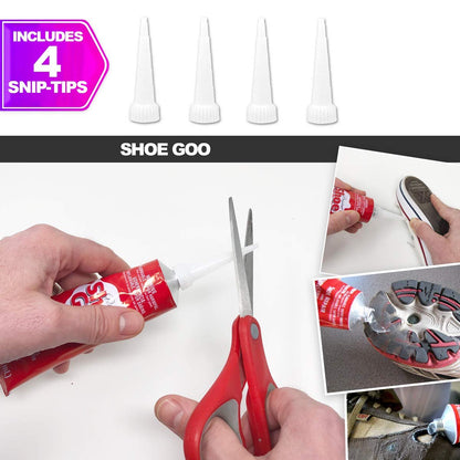 Shoe Goo Repair Adhesive for Fixing Worn Shoes or Boots, Clear, 3.7 Ounce (109.4mL), 4 Snip Tip Applicator Tips and Pixiss Spreader Tools Set.