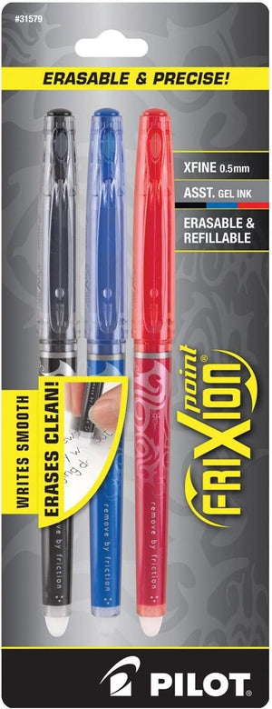 Pilot, FriXion Point Erasable & Refillable Gel Ink Pens, Extra Fine Point 0.5 mm, Pack of 3, Black, Blue & Red