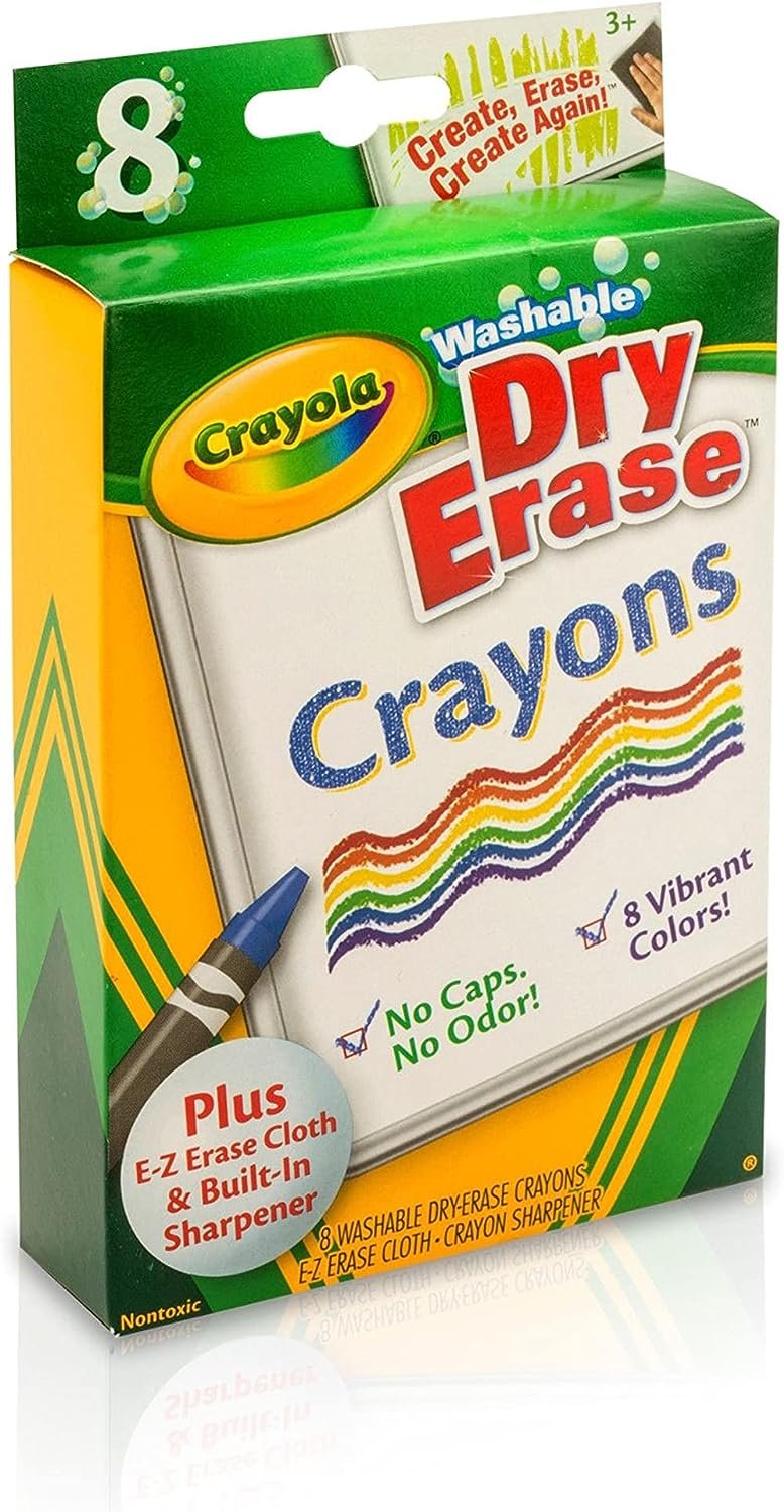 Crayola Washable Dry Erase Crayons (8ct), Includes Eraser Mitt & Sharpener, Classroom Supplies for Teachers