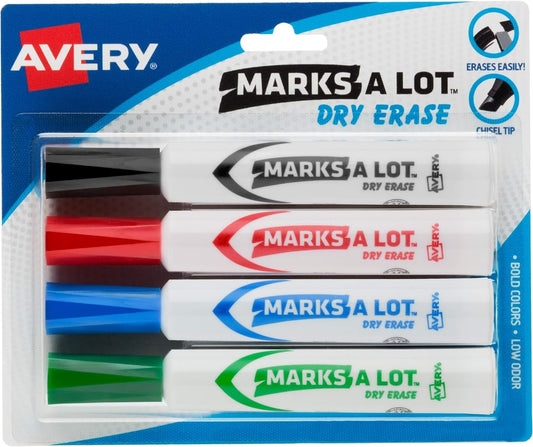 Avery Marks A Lot Dry Erase Markers, Low Odor White Board Markers with Chisel Tip, 4 Assorted Colors (24409)